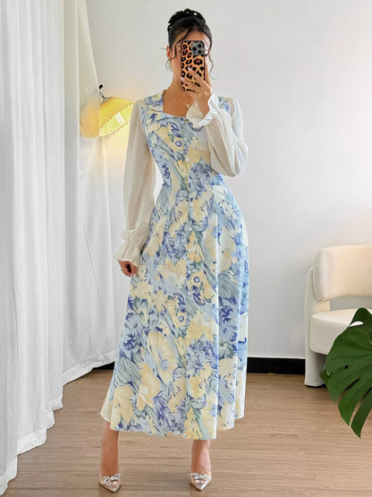 Floral Print Sheer Flounce Sleeves Dress - Tigbul's Variety Fashion Shop