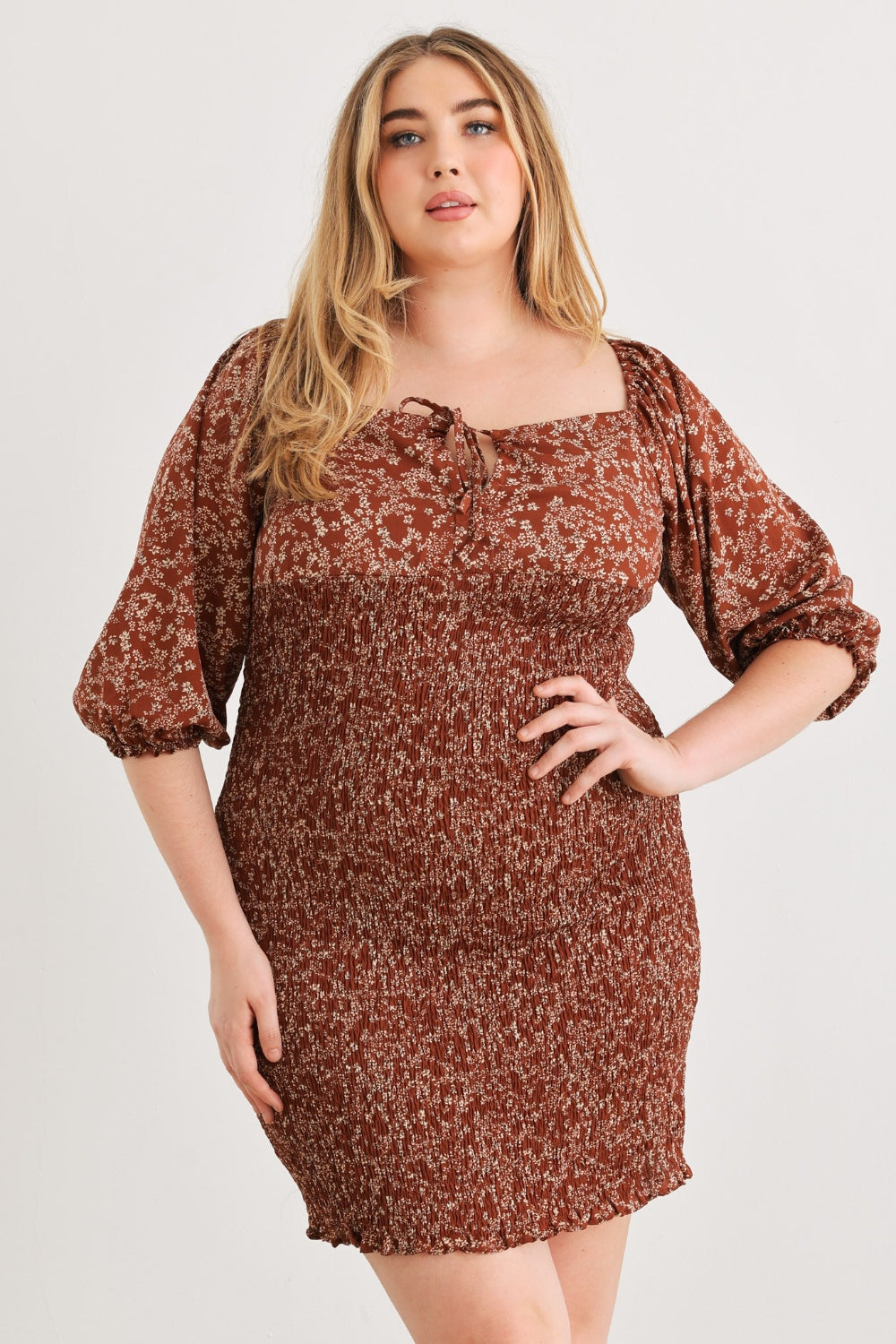 Zenobia Plus Size Smocked Printed Square Neck Mini Dress - Tigbul's Variety Fashion Shop