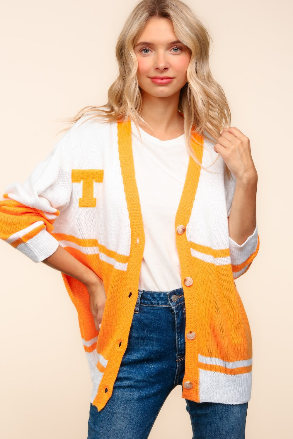 Haptics Full Size V Neck Button Down Letter Patch Cardigan - Tigbul's Variety Fashion Shop