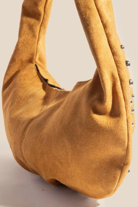 Metallic Studded Faux Suede Handbag - Tigbul's Variety Fashion Shop