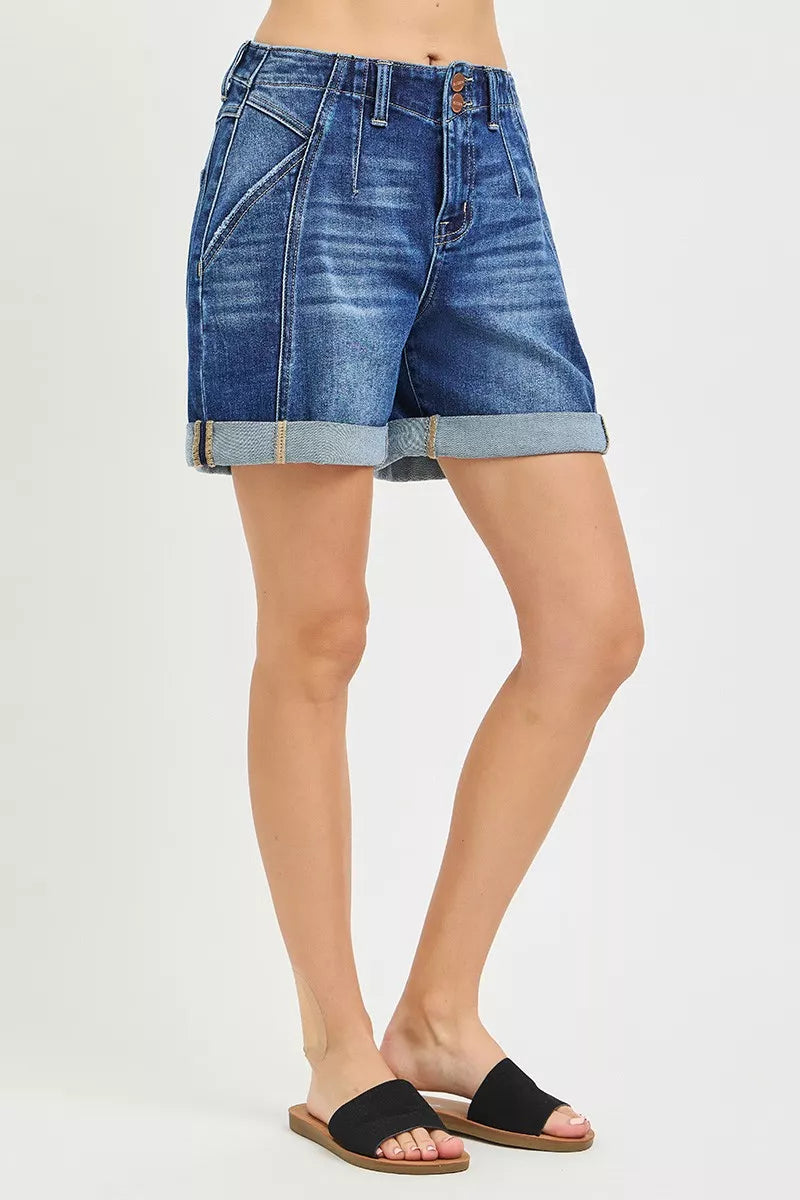 Risen High Rise seamed roll-up denim shorts, dark blue with rolled cuff
