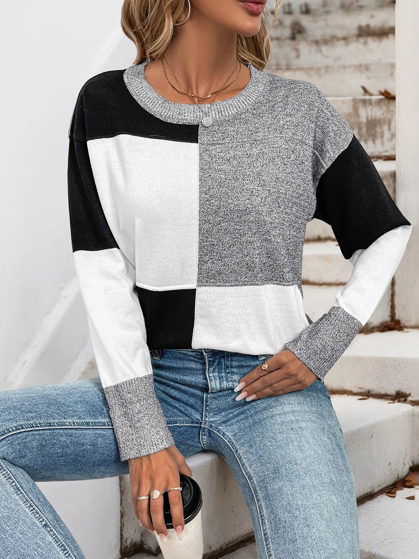 Color Block Knit Long Sleeve Sweater - Tigbul's Variety Fashion Shop