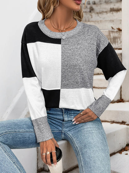 Color Block Knit Long Sleeve Sweater - Tigbul's Variety Fashion Shop