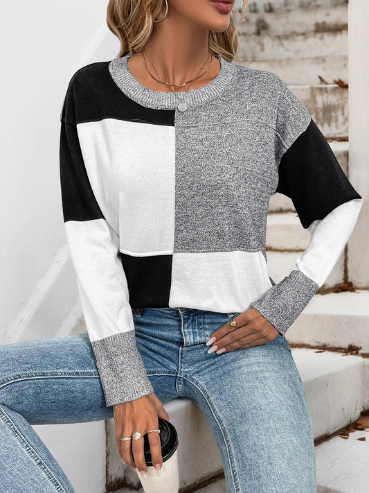 Color Block Knit Long Sleeve Sweater - Tigbul's Variety Fashion Shop