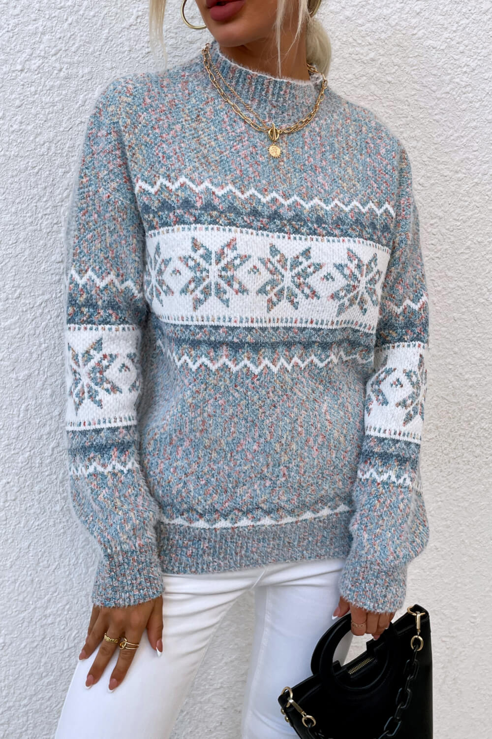 Snowflake Pattern Mock Neck Sweater - Tigbul's Variety Fashion Shop