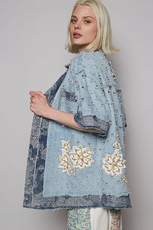 POL Distressed Button Up Half Sleeve Denim Shirt - Tigbul's Variety Fashion Shop