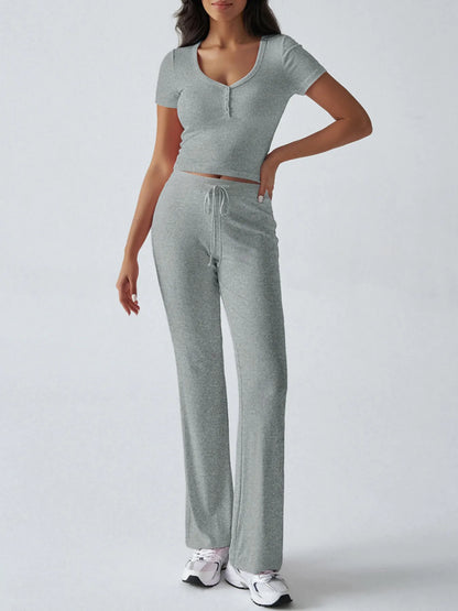 Casual Ribbed Short Sleeve Top and Pants Set - Tigbul's Variety Fashion Shop