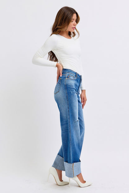 Judy Blue Full Size Distressed High Waist Wide Leg Jeans - Tigbul's Variety Fashion Shop