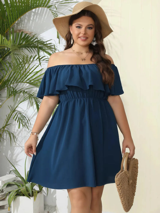 Off-Shoulder Ruffle Summer Dress with Elastic Waist - Tigbul's Variety Fashion Shop