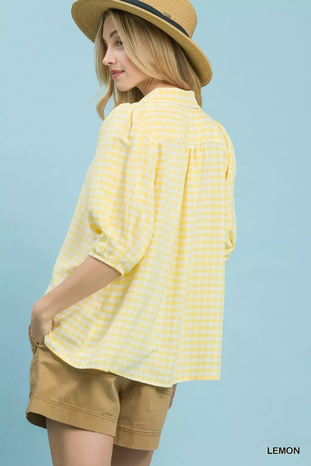 Umgee Gingham Puff Sleeve Collared Blouse - Tigbul's Variety Fashion Shop