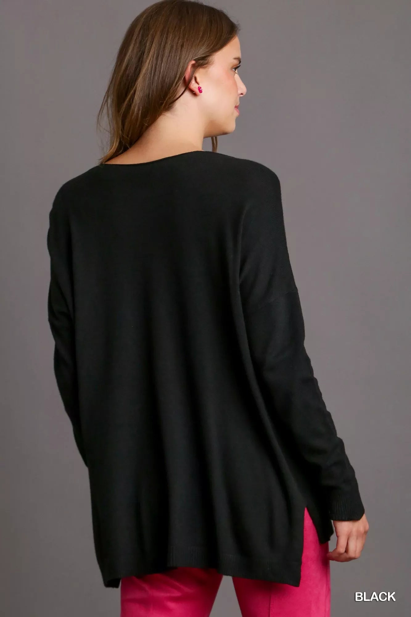 Umgee V-Neck High Low Hem Knit Top with Side Slit - Tigbul's Variety Fashion Shop