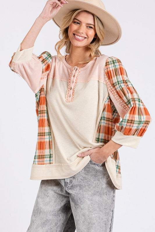 Pink Exposed Seam Button Detail Plaid Top - Tigbul's Variety Fashion Shop