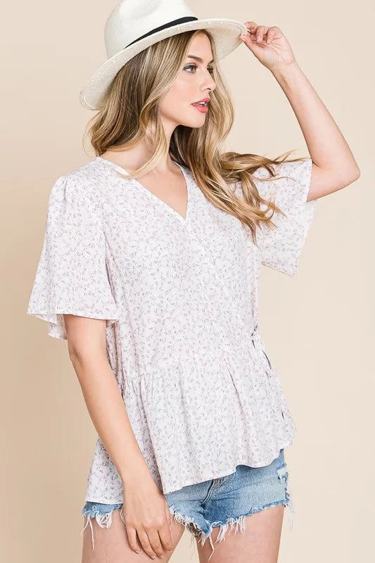 Ditsy Print V-Neck Short Sleeve Wrap Blouse - Tigbul's Variety Fashion Shop