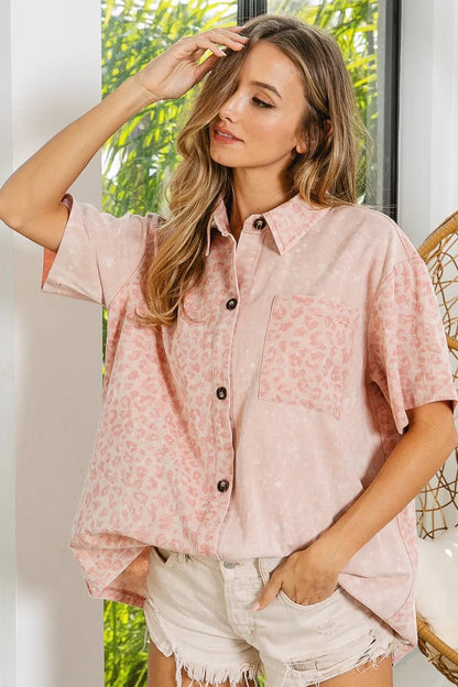 BiBi Mineral Washed Leopard Print Short Sleeve Shirt - Tigbul's Variety Fashion Shop