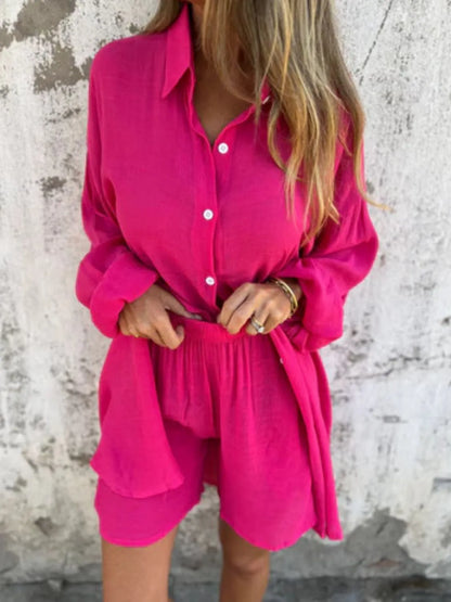 Pocketed Collared Neck Shirt and Shorts Set - Tigbul's Variety Fashion Shop
