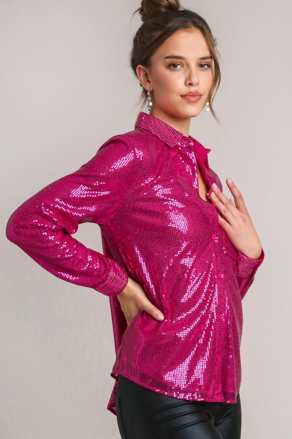 Umgee Sequin Long Sleeve Shirt with Side Chest Pocket - Tigbul's Variety Fashion Shop