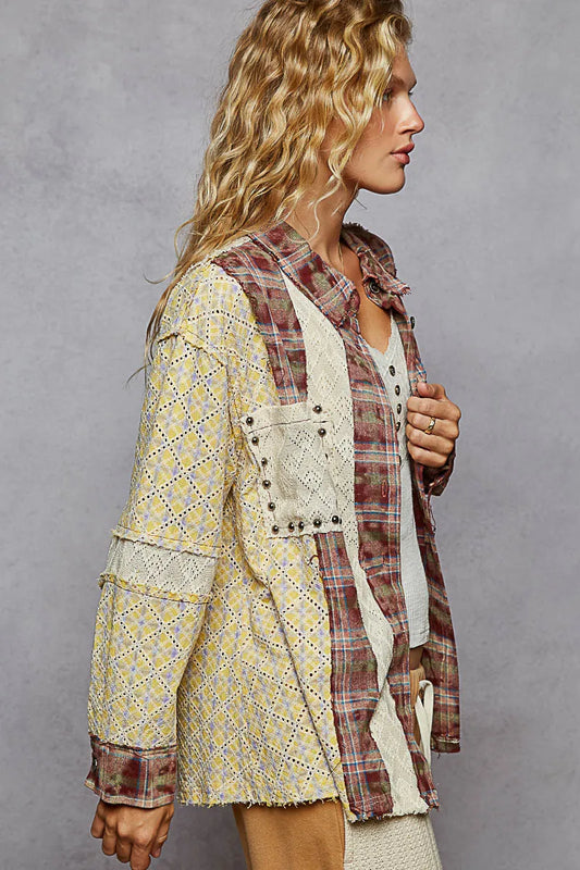 POL Studded Contrast Plaid Long Sleeve Shirt - Tigbul's Variety Fashion Shop