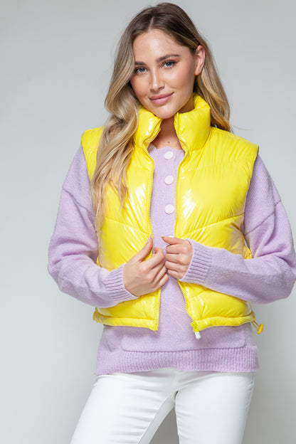 Yellow Zip Up Turtleneck Shiny Quilted Vest - Tigbul's Variety Fashion Shop