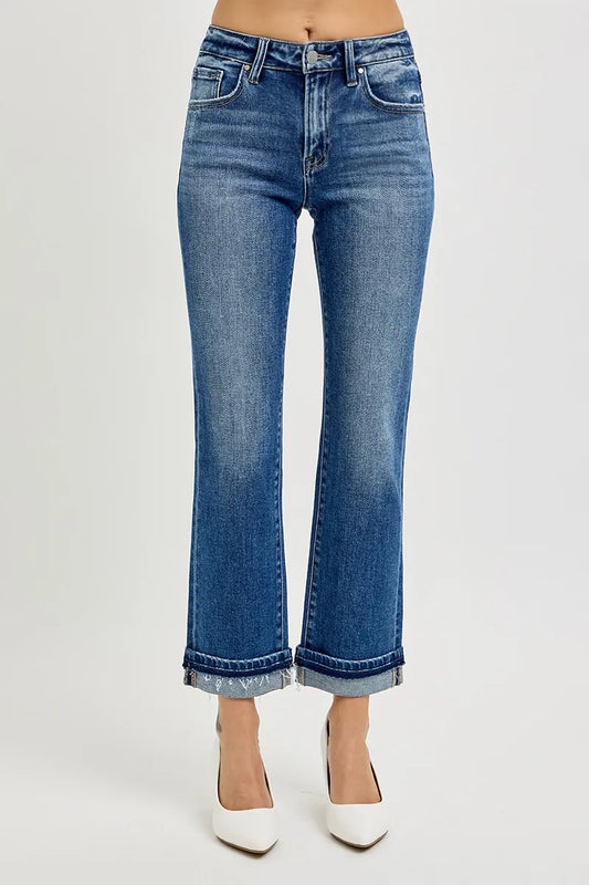 RISEN Mid Rise Ankle Straight Cuffed Jeans - Tigbul's Variety Fashion Shop