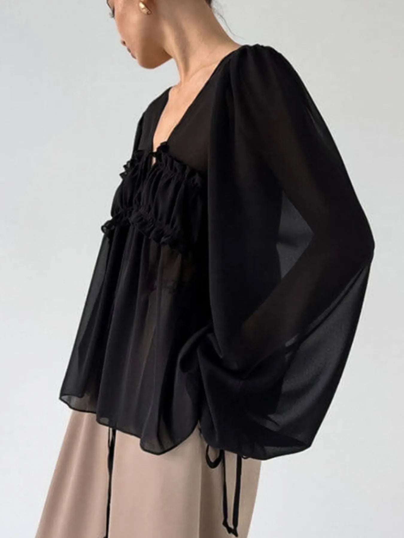 Ruffled Tie Front Long Sleeve Blouse - Tigbul's Variety Fashion Shop