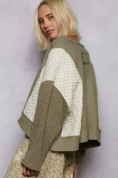 POL Mix Thermal Floral Pattern Quilted Knit Cropped Top with Raw Edge Detail - Tigbul's Variety Fashion Shop