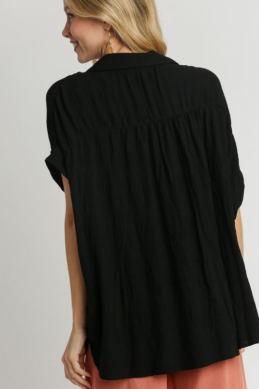 Black Textured Button Down Short Sleeve Shirt - Tigbul's Variety Fashion Shop