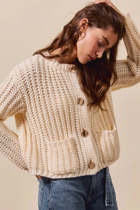 SO ME Metal Button Long Sleeve Chunky Sweater Cardigan - Tigbul's Variety Fashion Shop