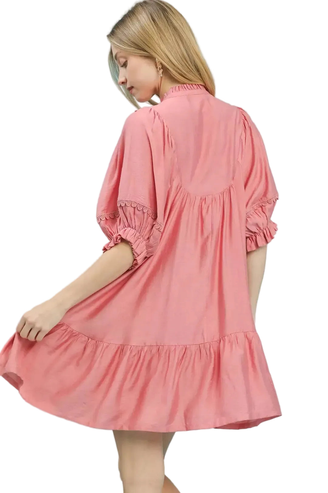 BLUSH babydoll dress with puff sleeves, back smocking yoke, and tiered ruffle hem