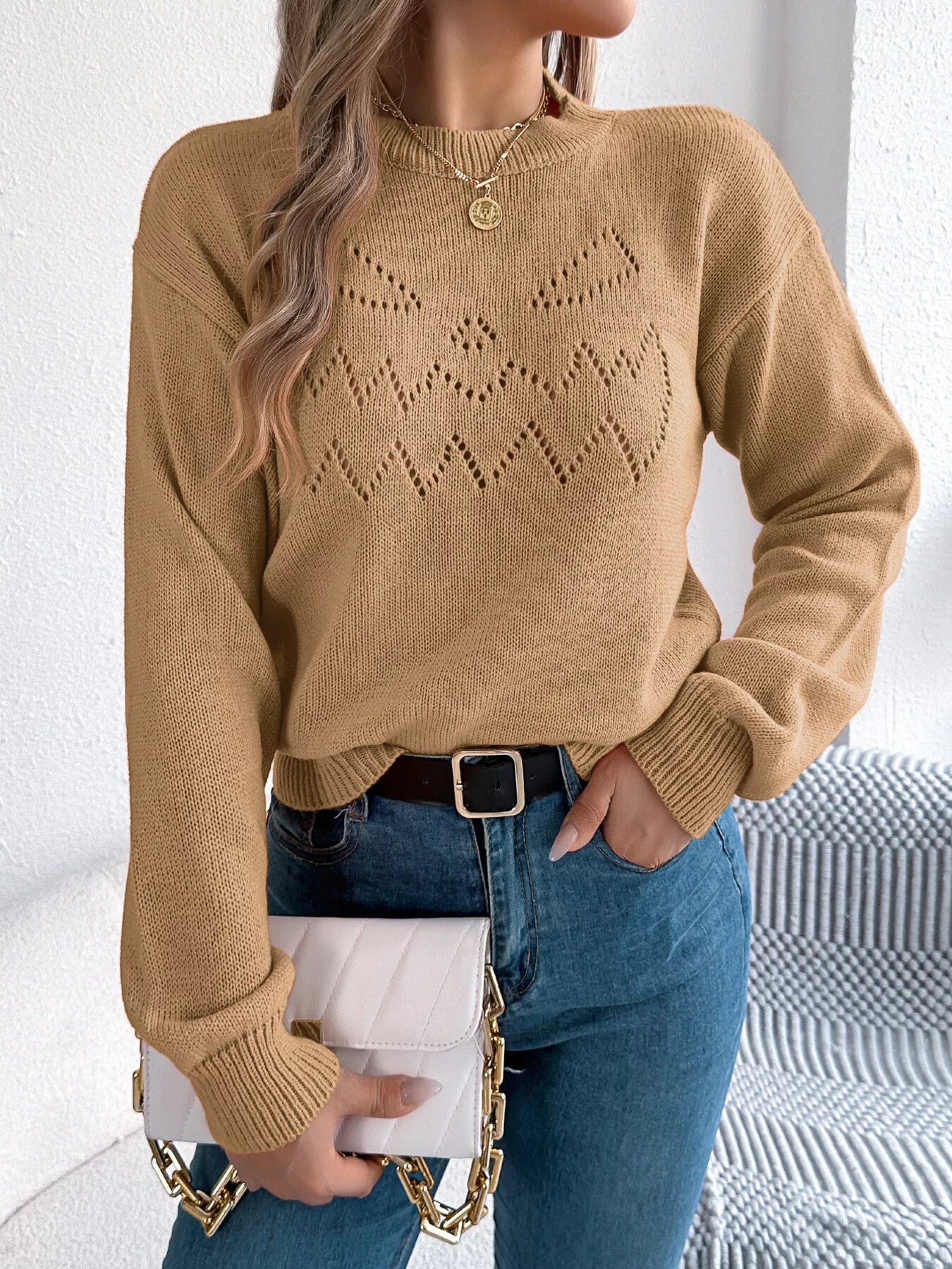 Openwork Round Neck Long Sleeve Sweater - Tigbul's Variety Fashion Shop