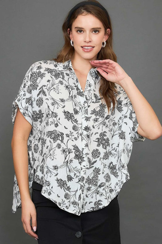 Umgee Full Size Two Tone Floral Print Top Plus Size - Tigbul's Variety Fashion Shop