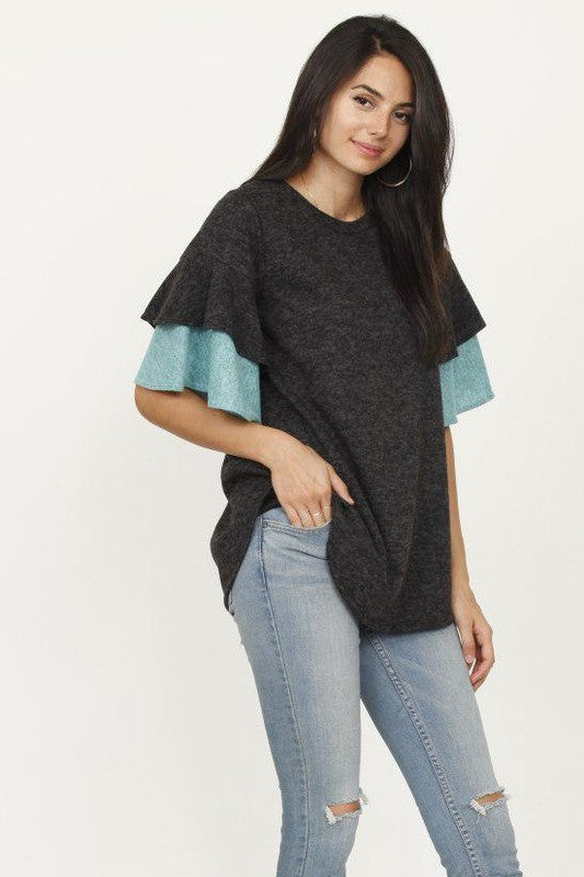 Color Block Sleeve Ruffle Knit Top - Tigbul's Variety Fashion Shop