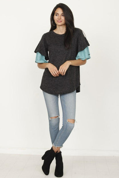 Color Block Sleeve Ruffle Knit Top - Tigbul's Variety Fashion Shop