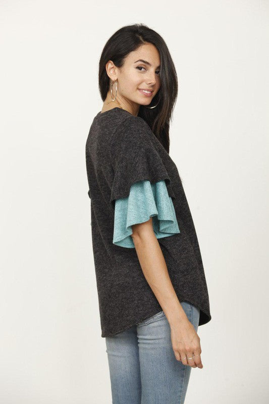 Color Block Sleeve Ruffle Knit Top - Tigbul's Variety Fashion Shop