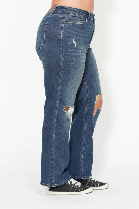 Judy Blue Full Size Hw Ripped Knee Dad Jeans Plus Size - Tigbul's Variety Fashion Shop
