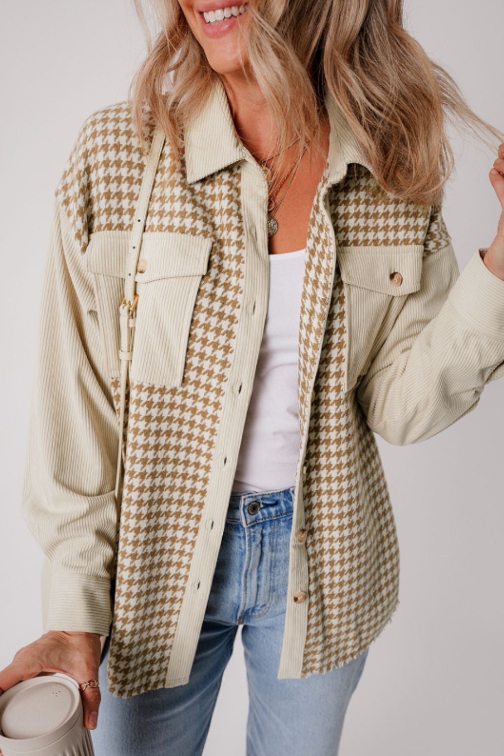 Beige Houndstooth Button Up Long Sleeve Jacket - Tigbul's Variety Fashion Shop