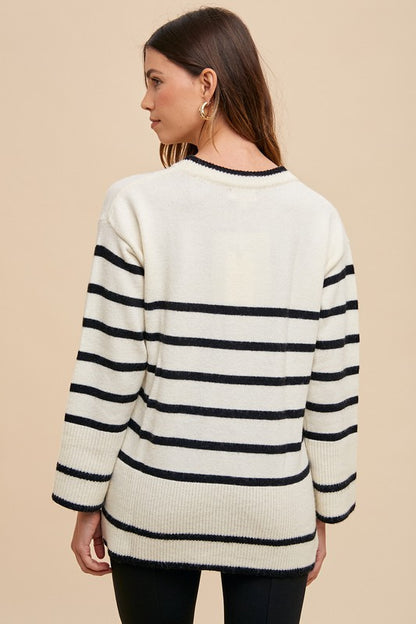 Ivory Side Slit Striped Round Neck Sweater - Tigbul's Variety Fashion Shop