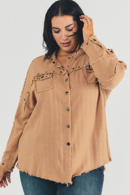 Plus Distressed hem button down oversize shirt - Tigbul's Variety Fashion Shop