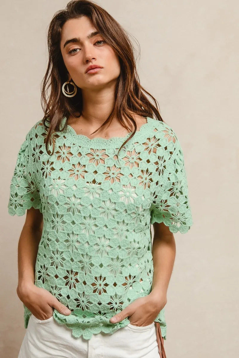 BiBi Openwork Crochet Short Sleeve Knit Top - Tigbul's Variety Fashion Shop