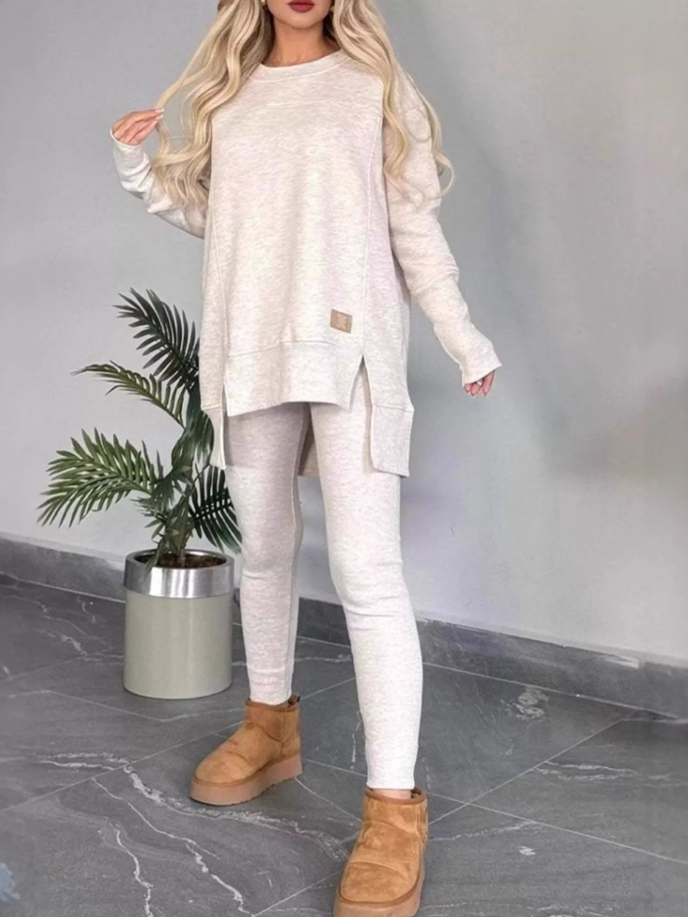 Full Size Slit Round Neck Top and Pants Set Plus Size - Tigbul's Variety Fashion Shop