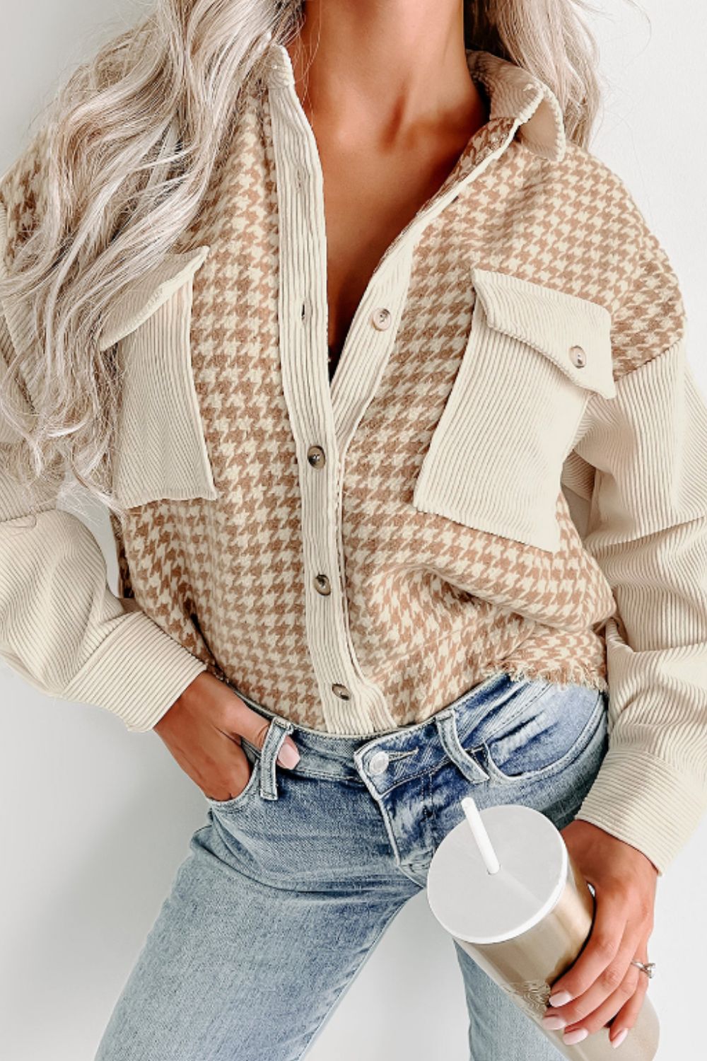 Beige Houndstooth Button Up Long Sleeve Jacket - Tigbul's Variety Fashion Shop