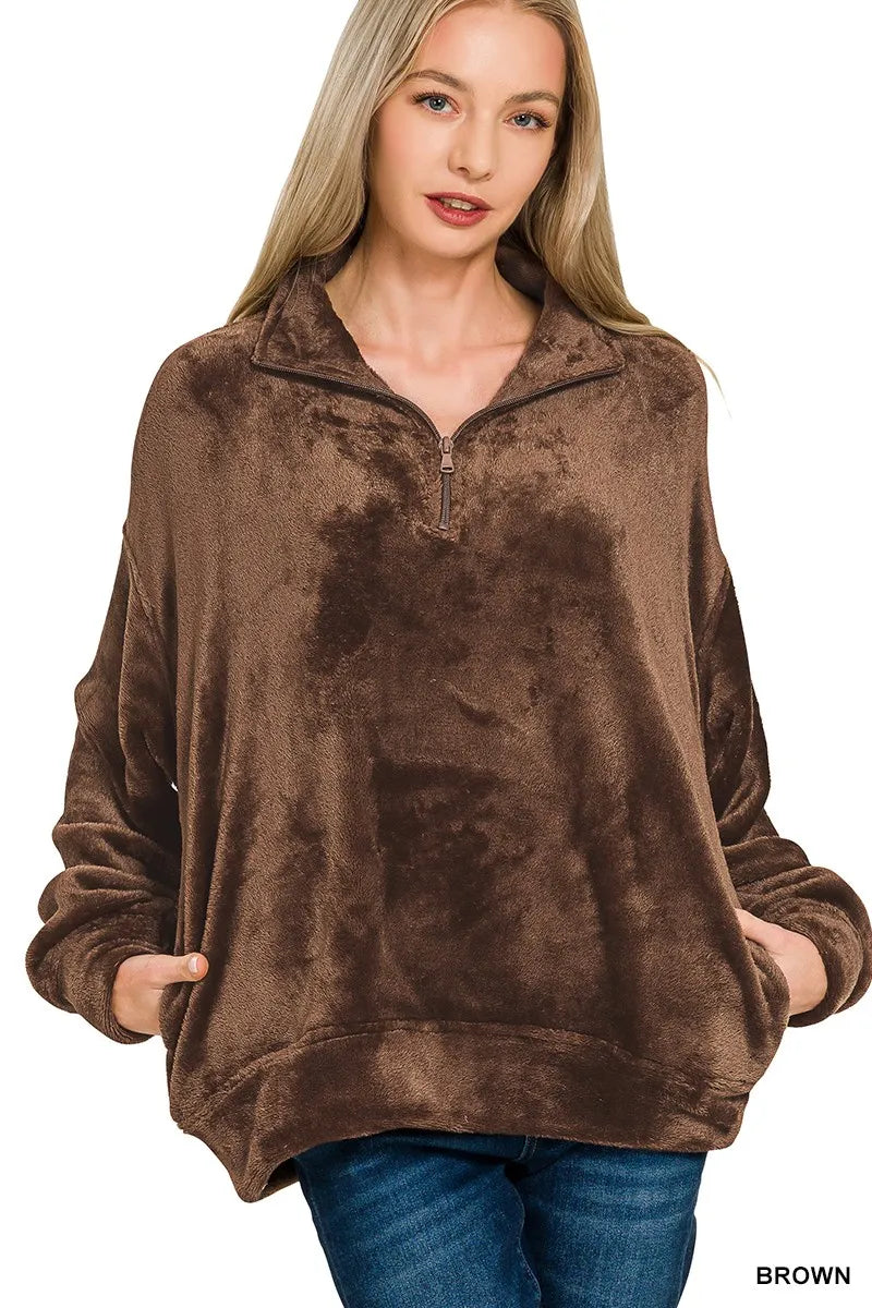 Zenana Faux Fur Half Zip Pocket Pullover - Tigbul's Variety Fashion Shop