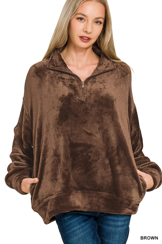 Zenana Faux Fur Half Zip Pocket Pullover - Tigbul's Variety Fashion Shop