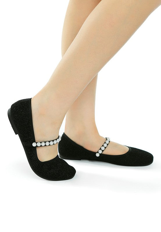 Corphee Pearl Strapped Glitter Ballerinas - Tigbul's Variety Fashion Shop