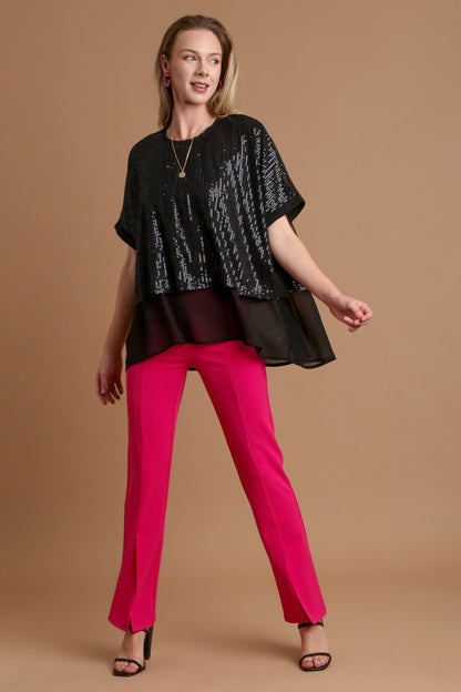 Umgee Sequin Half Sleeve Layered Blouse - Tigbul's Variety Fashion Shop