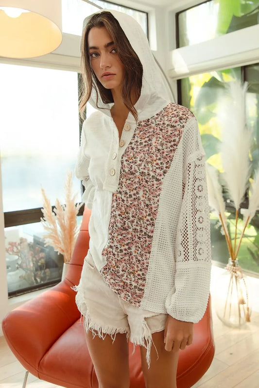 BiBi Slub Jersey with Lace Combo Buttoned Hoodie Top - Tigbul's Variety Fashion Shop