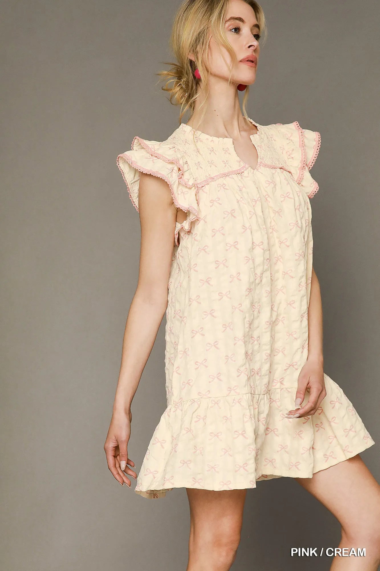 Umgee Bow Print Ruffled Cap Sleeve Mini Dress - Tigbul's Variety Fashion Shop