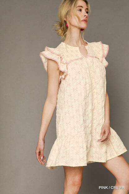 Umgee Bow Print Ruffled Cap Sleeve Mini Dress - Tigbul's Variety Fashion Shop