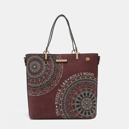 Nicole Lee USA Metallic Stitching Embroidery Inlaid Rhinestone Tote Bag - Tigbul's Variety Fashion Shop