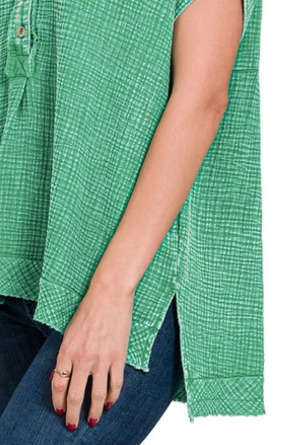 Zenana Washed Double Gauze 3/4 Button Henley Neck Shirt - Tigbul's Variety Fashion Shop