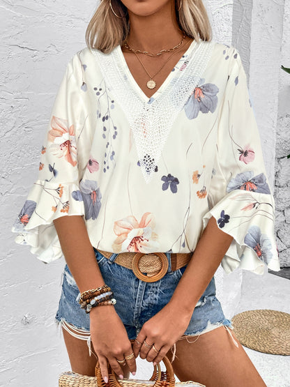 Ruffled Printed V-Neck Half Sleeve Blouse - Tigbul's Variety Fashion Shop